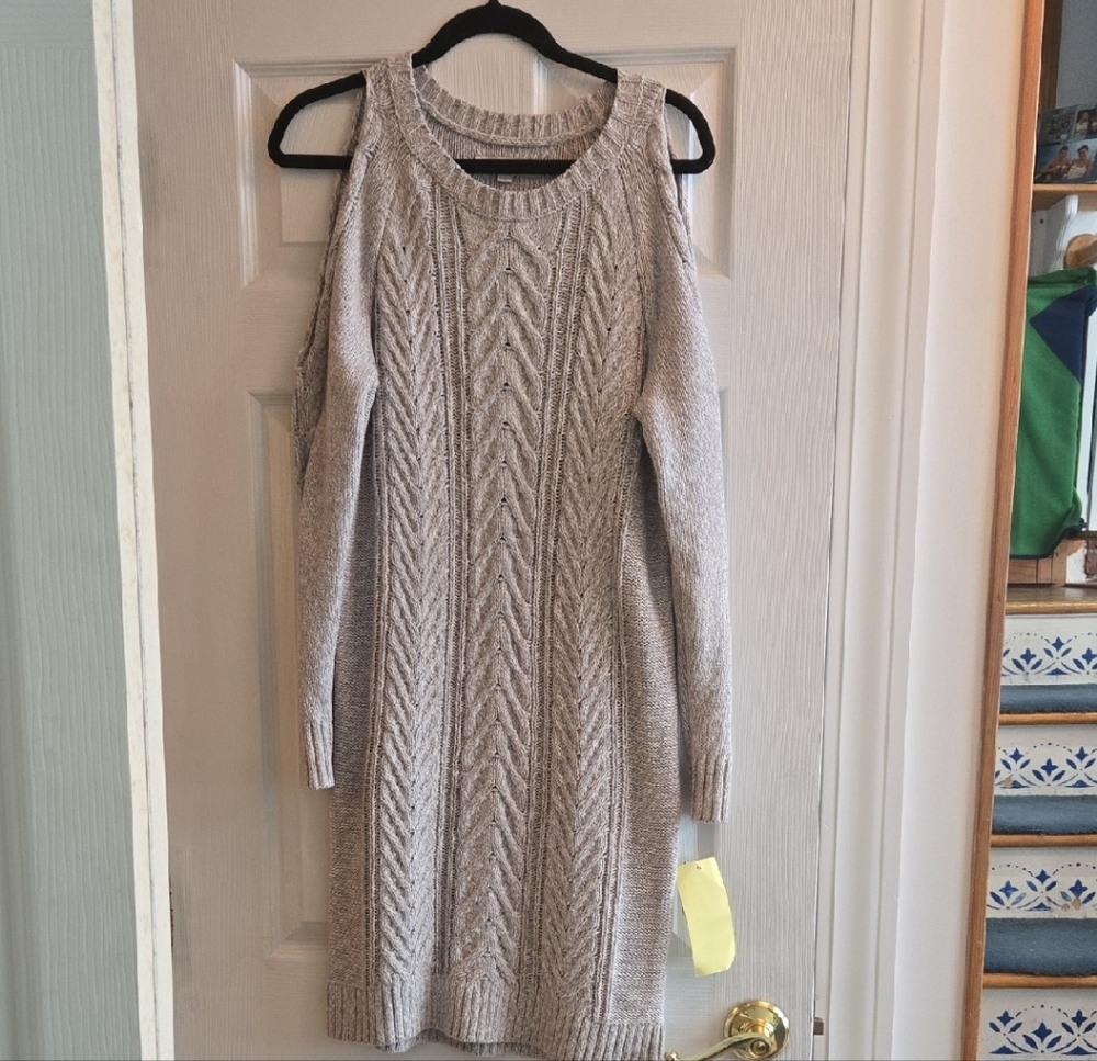 NWT LOFT Gray Knit Cold Shoulder Sweater Dress
